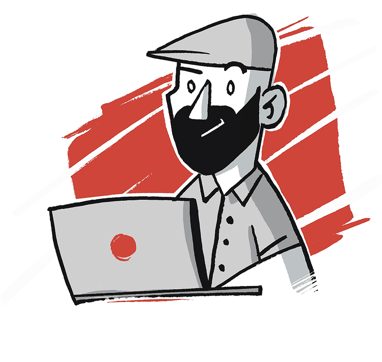 Illustration du designer Ghislain Roy à son ordinateur